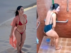 BBB24 com participante Isabelle Nogueira sendo flagrada tomando banho.